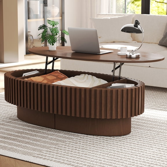 Oval Lift-Top Wooden Coffee Table, Lift Top Design with Hidden Inner Storage, Multi Purpose Tea & Dining Table for Home Lounge Cafe, Dark Brown