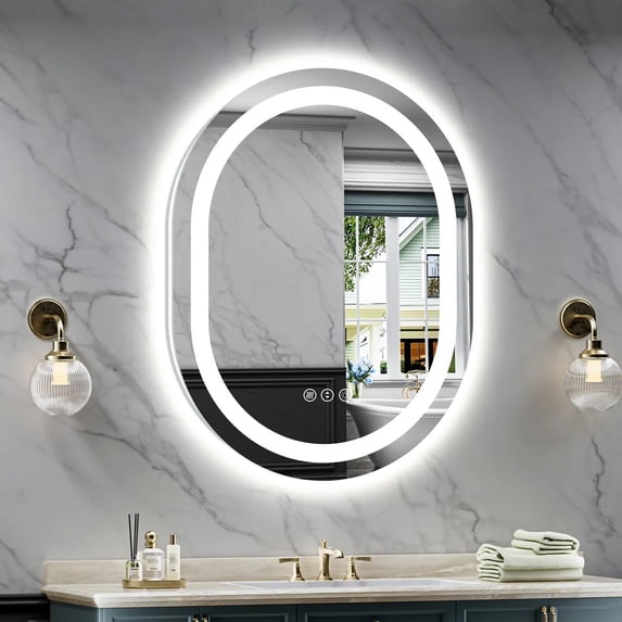 GODCHAR Oval Front and Backlit LED Bathroom Mirror, Anti-Fog, Dimmable Lighting, 3 Color Modes, Memory Function