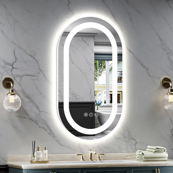 GODCHAR Oval Front and Backlit LED Bathroom Mirror, Anti-Fog, Dimmable Lighting, 3 Color Modes, Memory Function