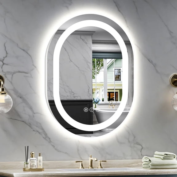 GODCHAR Oval Front and Backlit LED Bathroom Mirror, Anti-Fog, Dimmable Lighting, 3 Color Modes, Memory Function