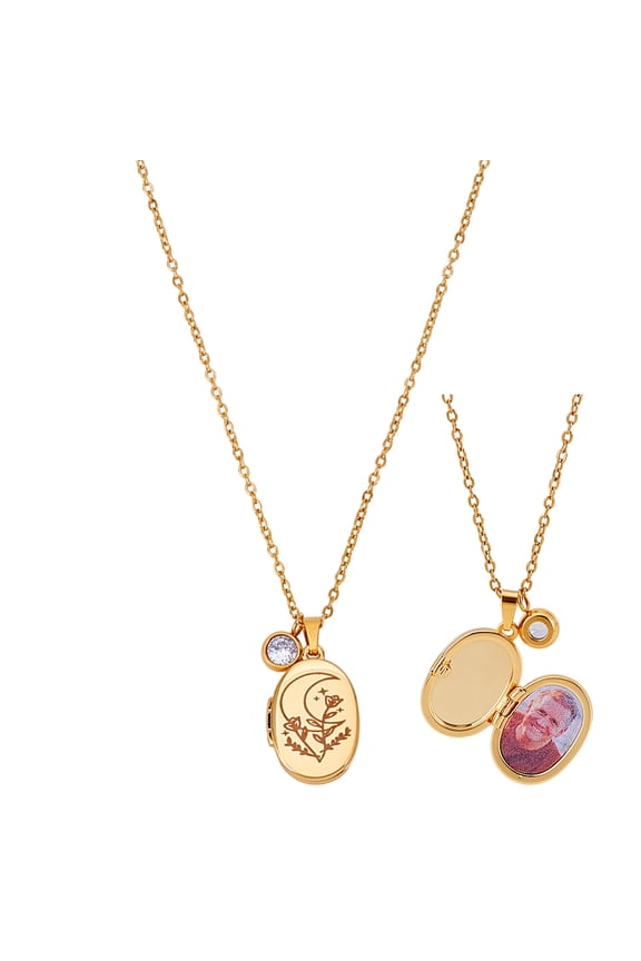 Oval Locket Necklace Collarbone Chain Photo Storage Jewelry with Moon and Rose Pattern for Daily Wear Parties Special Occasions Jewelry Gift