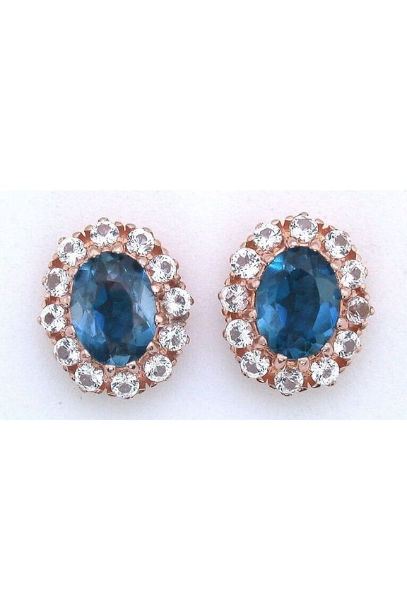 Oval London Blue Topaz White Topaz Rose Goldplated Stud Post Sterling Earrings