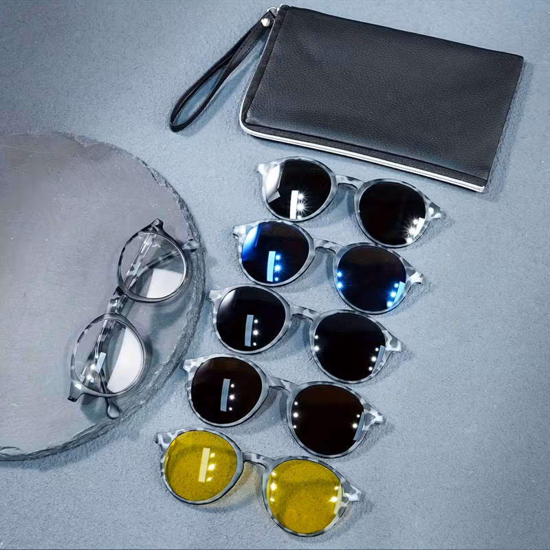 Oval Magnetic Clip-On Sunglasses, 5 Interchangeable Lenses,Fashion Glasses Set with Case, Stylish Sun Glasses for Men and Women