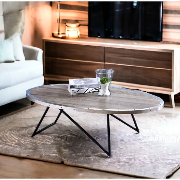 Oval Metal Base Coffee Table, Weathered Gray Oak Top, 70lbs Weight Limit Table With Black And Oak, Limit, 15in Height