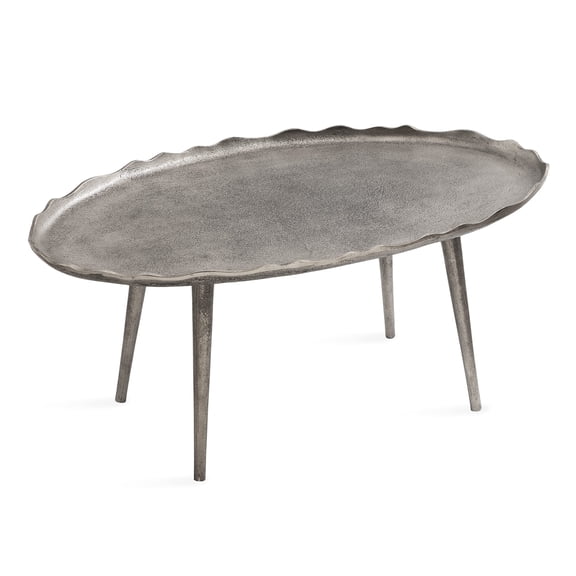 Oval Metal Coffee Table With Scalloped Edge, Silver Finish, 34 x 20 x 15
