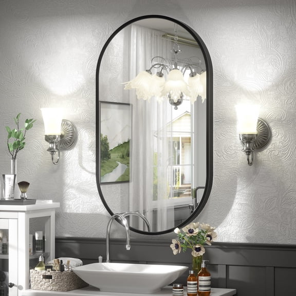 GODCHAR 20"x36" Oval Bathroom Mirror Black Aluminum Frame French Cleat Shatterproof Glass