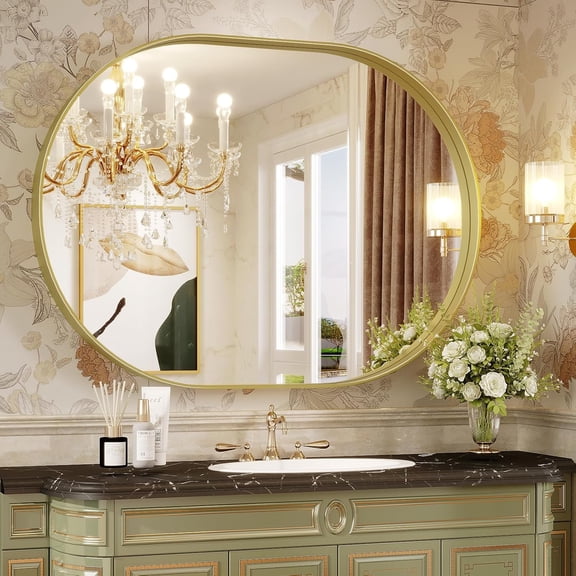 Oval Mirror, 40"×30" Gold Bathroom Mirror, Oval Mirror for Bathroom, Gold Vanity Mirror for Wall, Entryway, Living Room, Wall Mount Mirrors Hangs Vertical or Horizontal