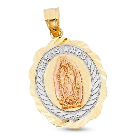 Oval Mis 15 Anos Guadalupe Pendant 14k Yellow White Rose Gold Quinceanera Medal Charm 23 x 19 mm