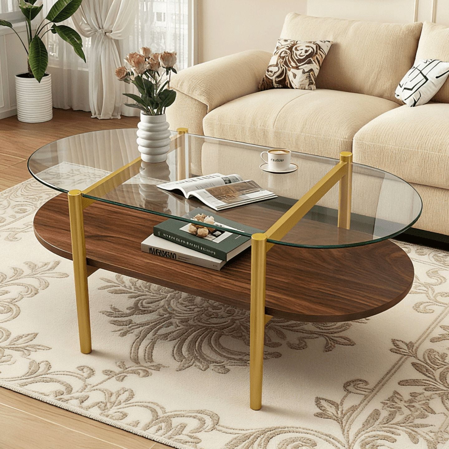Oval Modern Glass Coffee Table Double Layer Storage Transparent Brown MDF Living Room