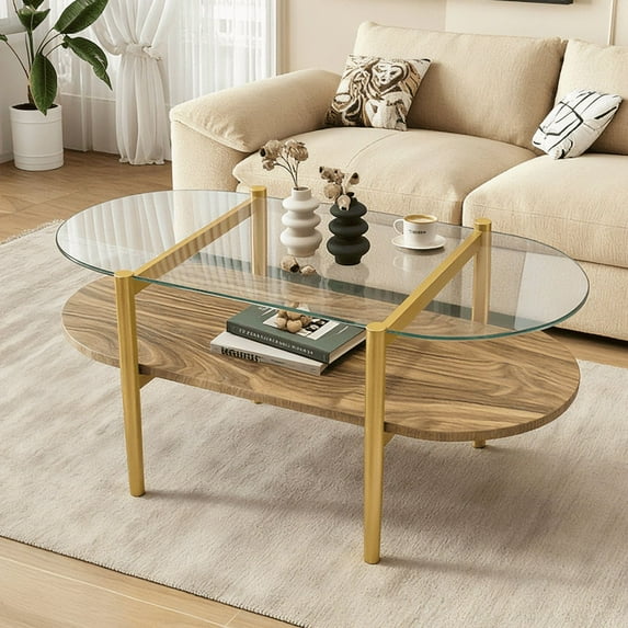 Oval Modern Glass Coffee Table Double Layer Storage Transparent Yellow MDF Living Room