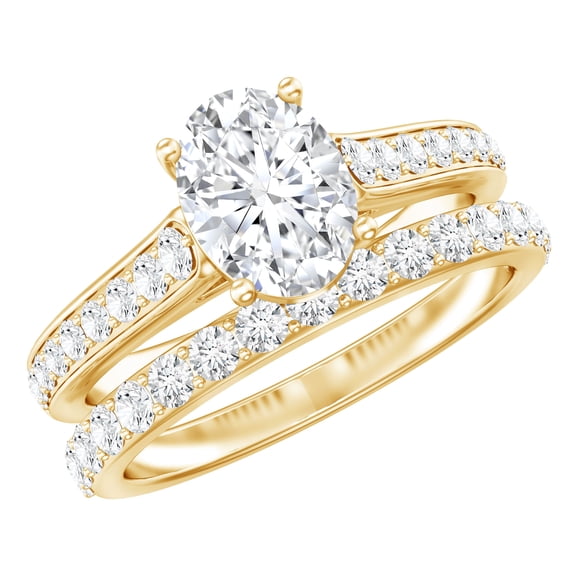 Rosec Jewels Certified Moissanite Wedding Ring Set of 2 - D-Vs1 Quality 6X8 mm Oval Engagement Ring with Wedding Band, 18K Yellow Gold, US 12.00