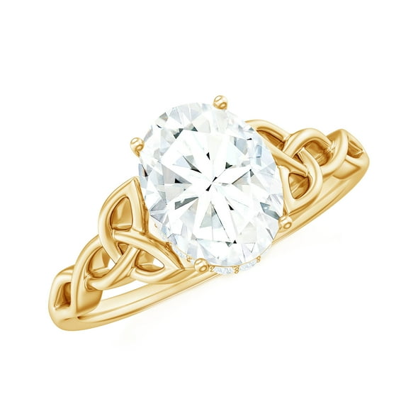 Oval Moissanite Solitaire Celtic Knot Ring with Hidden Halo - 7x9 mm - 2 Ct - D-VS1 Grade, 10K White Gold, US 6.25