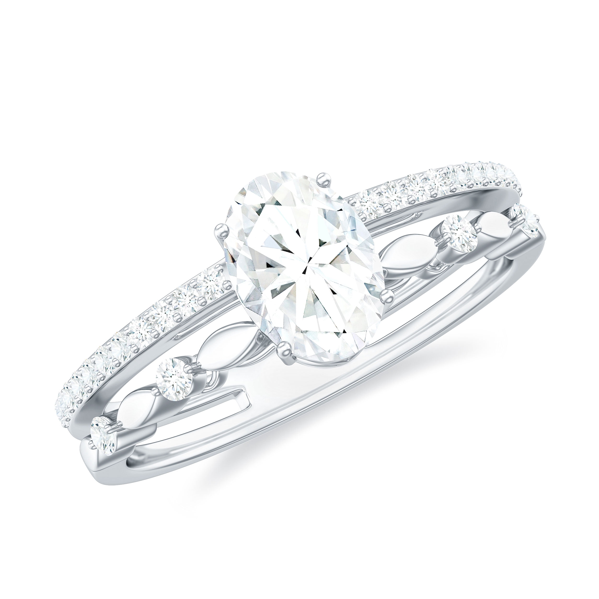 Rosec Jewels Oval Moissanite Solitaire Double Band Engagement Ring for Women (5X7 mm, D-VS1 Grade), 14K White Gold, US 7.50