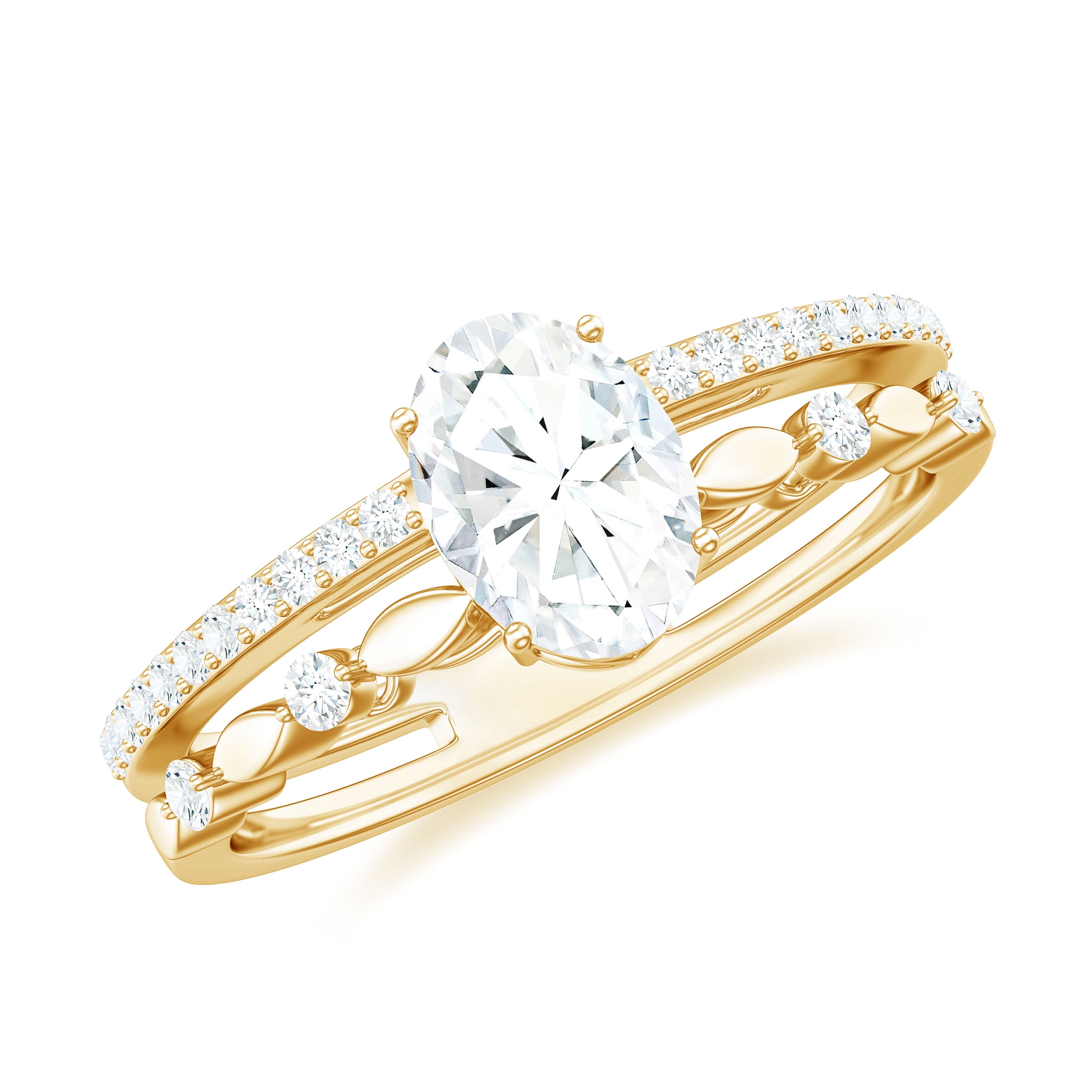 Rosec Jewels Oval Moissanite Solitaire Double Band Engagement Ring for Women (5X7 mm, D-VS1 Grade), 14K Yellow Gold, US 3.50