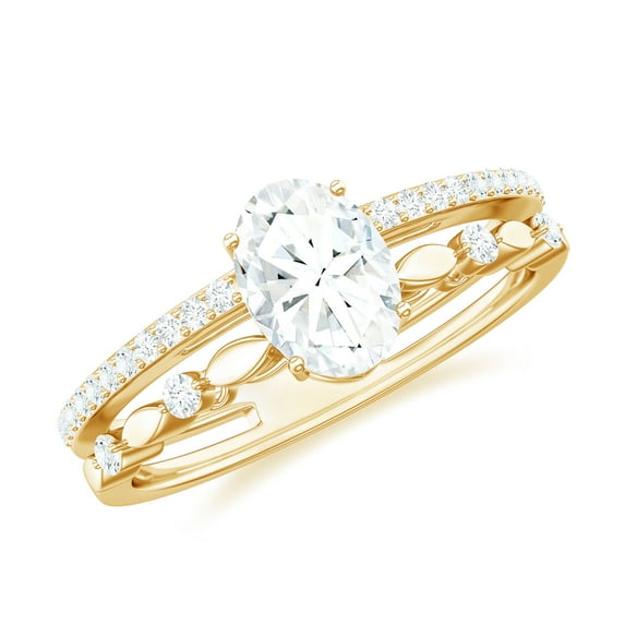 Rosec Jewels Oval Moissanite Solitaire Double Band Engagement Ring for Women (5X7 mm, D-VS1 Grade), 14K Yellow Gold, US 3.50