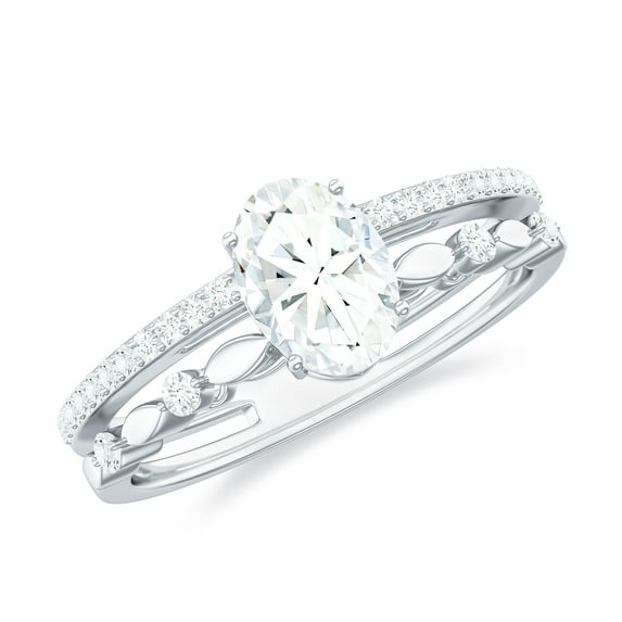Rosec Jewels Oval Moissanite Solitaire Double Band Engagement Ring for Women (5X7 mm, D-VS1 Grade), 925 Sterling Silver, US 5.00