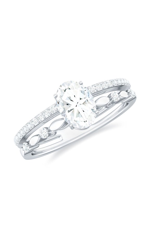 Oval Moissanite Solitaire Double Band Engagement Ring for Women (5X7 mm, D-VS1 Grade), 925 Sterling Silver, US 7.50