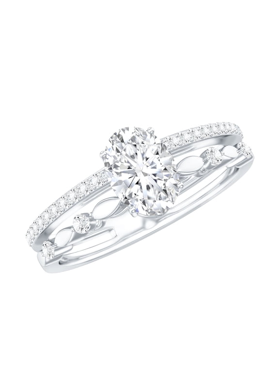 Oval Moissanite Solitaire Double Band Engagement Ring for Women (5X7 mm, D-VS1 Grade), 925 Sterling Silver, US 7.50