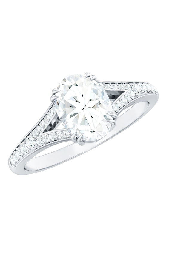 Moissanite Oval Engagement Ring 1 Carat - Split Shank Ring - 6X8 mm - D-VS1 Quality Certified, 14K White Gold, US 7.00