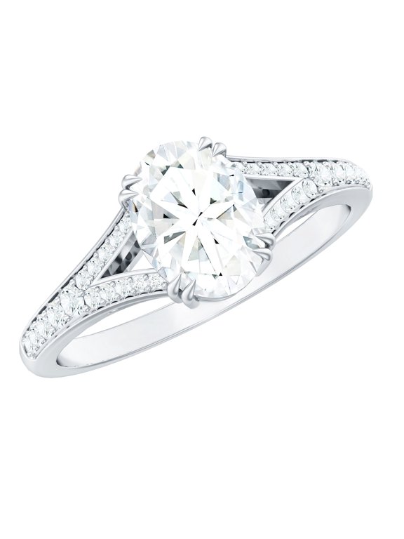 Moissanite Oval Engagement Ring 1 Carat - Split Shank Ring - 6X8 mm - D-VS1 Quality Certified, 14K White Gold, US 9.00