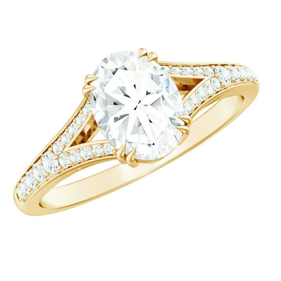 Rosec Jewels Moissanite Oval Engagement Ring 1 Carat - Split Shank Ring - 6X8 mm - D-VS1 Quality Certified, 14K Yellow Gold, US 6.00