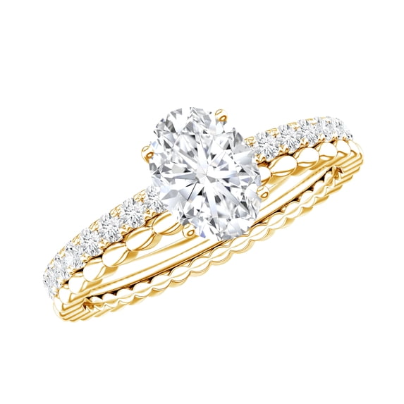 Rosec Jewels Moissanite Oval Engagement Ring 1 Carat - Double Band Ring - 5X7 mm - D-VS1 Quality Certified, 18K Yellow Gold, US 10.50