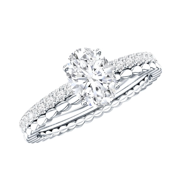 Rosec Jewels Moissanite Oval Engagement Ring 1 Carat - Double Band Ring - 5X7 mm - D-VS1 Quality Certified, 925 Sterling Silver, US 4.00