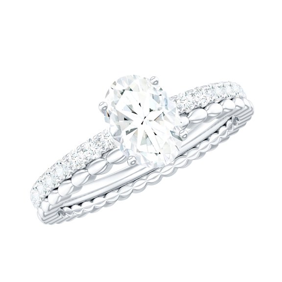 Rosec Jewels Moissanite Oval Engagement Ring 1 Carat - Double Band Ring - 5X7 mm - D-VS1 Quality Certified, 925 Sterling Silver, US 4.00