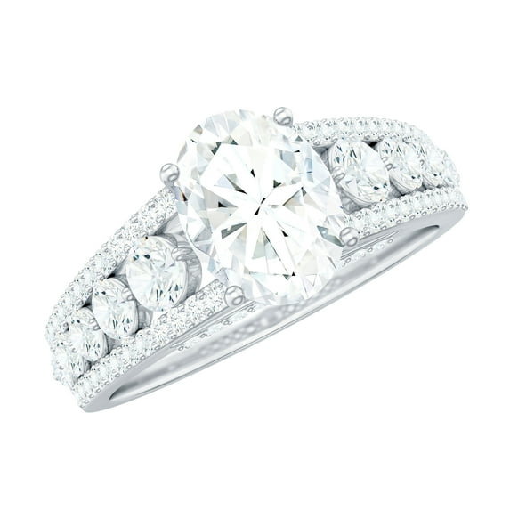 Rosec Jewels Moissanite Oval Engagement Ring with Side Stones - 6X8 mm - Designer Ring - 1 Ct - D-VS1 Grade, 14K White Gold, US 3.50