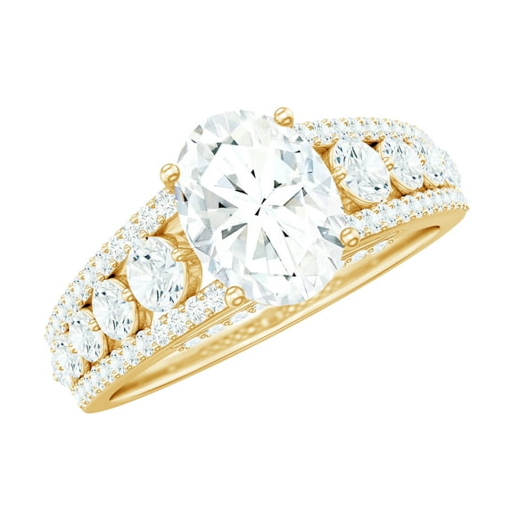 Rosec Jewels Moissanite Oval Engagement Ring with Side Stones - 6X8 mm - Designer Ring - 1 Ct - D-VS1 Grade, 18K Yellow Gold, US 8.00