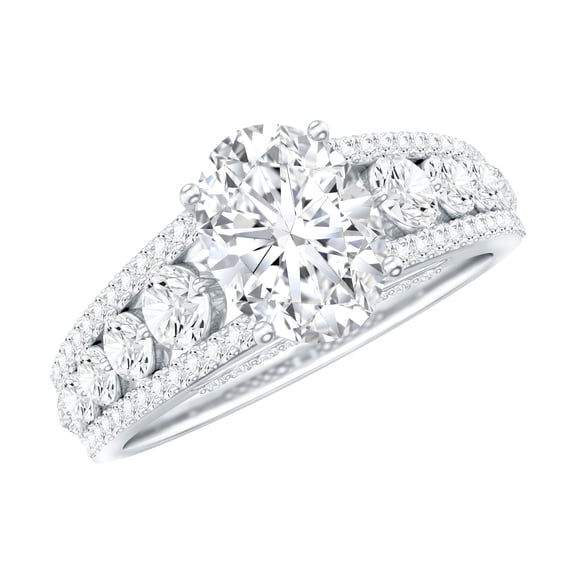 Rosec Jewels Moissanite Oval Engagement Ring with Side Stones - 6X8 mm - Designer Ring - 1 Ct - D-VS1 Grade, 925 Sterling Silver, US 4.00