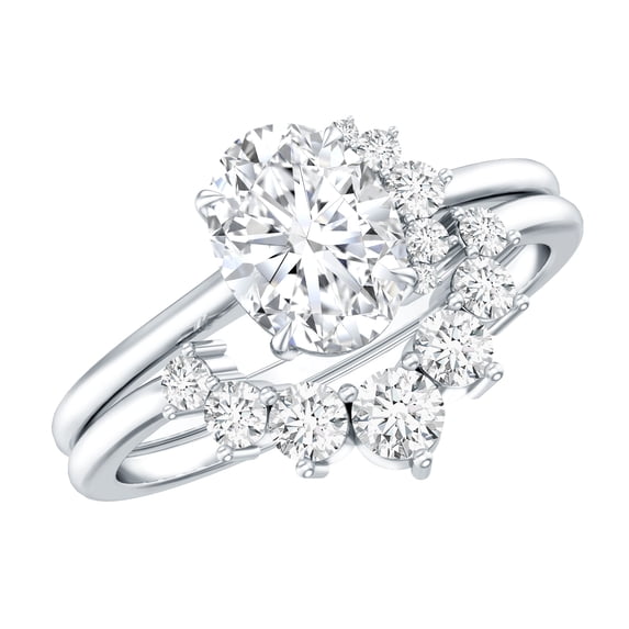 Rosec Jewels Certified Moissanite Wedding Ring Set for Women - 1 Carat Oval Engagement Ring with Enhancer - D-VS1 Grade, 14K White Gold, US 8.00