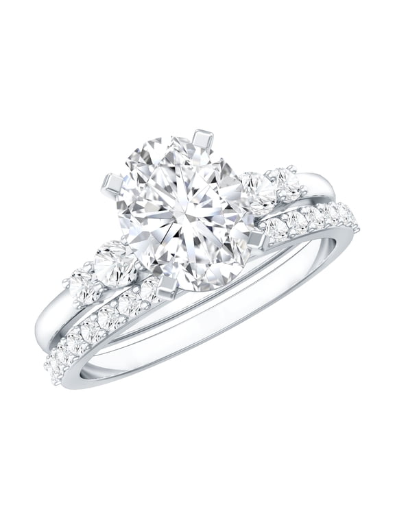 Oval Moissanite Wedding Rings Set with Band - 7x9 MM - D-VS1 Quality Certified, 925 Sterling Silver, US 6.00