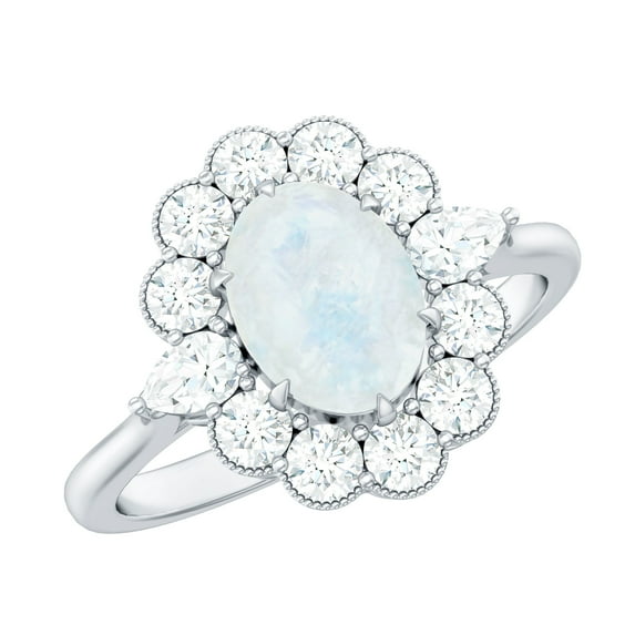 Rosec Jewels Oval Moonstone Ring for Women with Moissanite Halo - 6X8 mm, AAA Quality, 14K White Gold, US 9.00