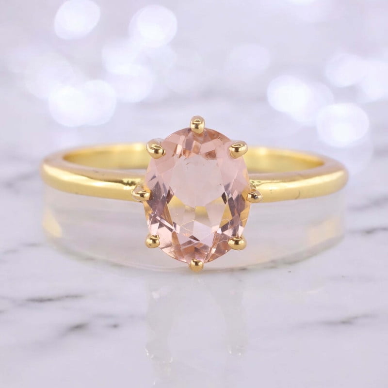 Oval Morganite Ring 14K Yellow Gold Vermeil Solitaire Engagement Ring Dainty Promise Rings For Woman Anniversary Birthday Gift For Her