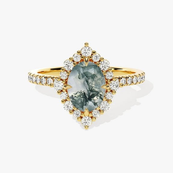 Oval Moss Agate & Diamond Halo Ring, Unique Engagment Ring, 18k Gold Plated Silver Ring, Delicate Ring, Anniversary Gift, Promise Ring