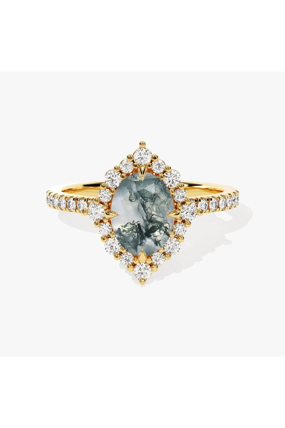 Oval Moss Agate & Diamond Halo Ring, Unique Engagment Ring, 18k Gold Plated Silver Ring, Delicate Ring, Anniversary Gift, Promise Ring