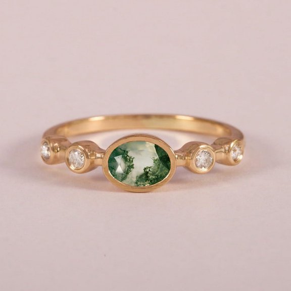 Oval Moss Agate & Diamond Ring, 925 Starling Silver Ring, 5 Stone Ring, East West Ring, Stackable Ring, Birthstone Ring