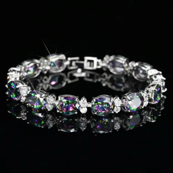 Oval Mystical CZ Rainbow Topaz Bracelet White Gold Plated Fashion Chic Jewelry