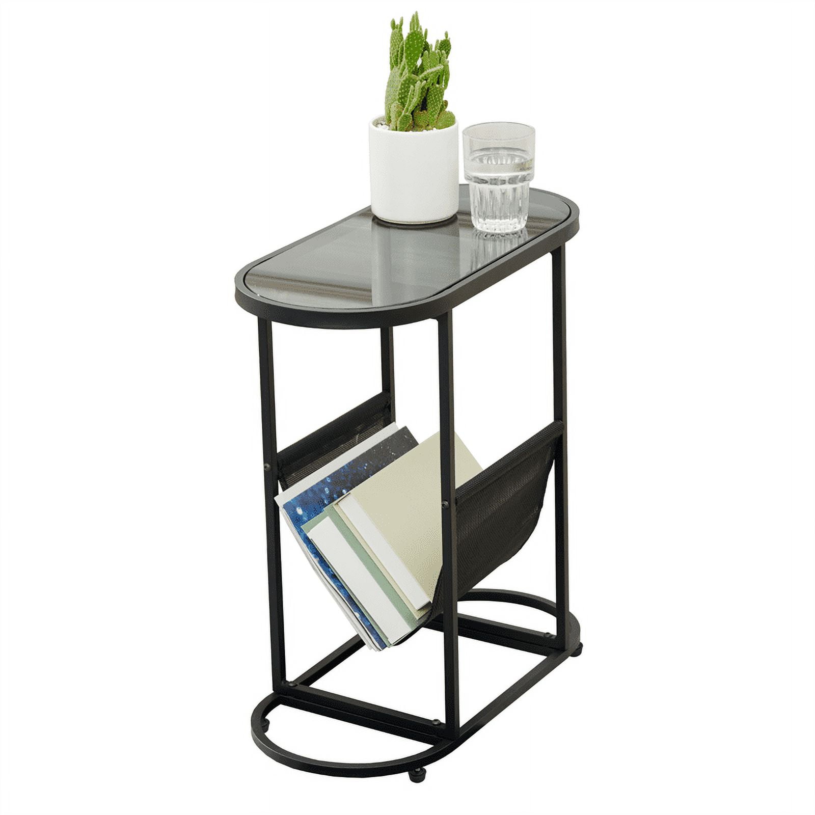 Oval Narrow Side Table, Small End Table with Magazine Rack, Slim