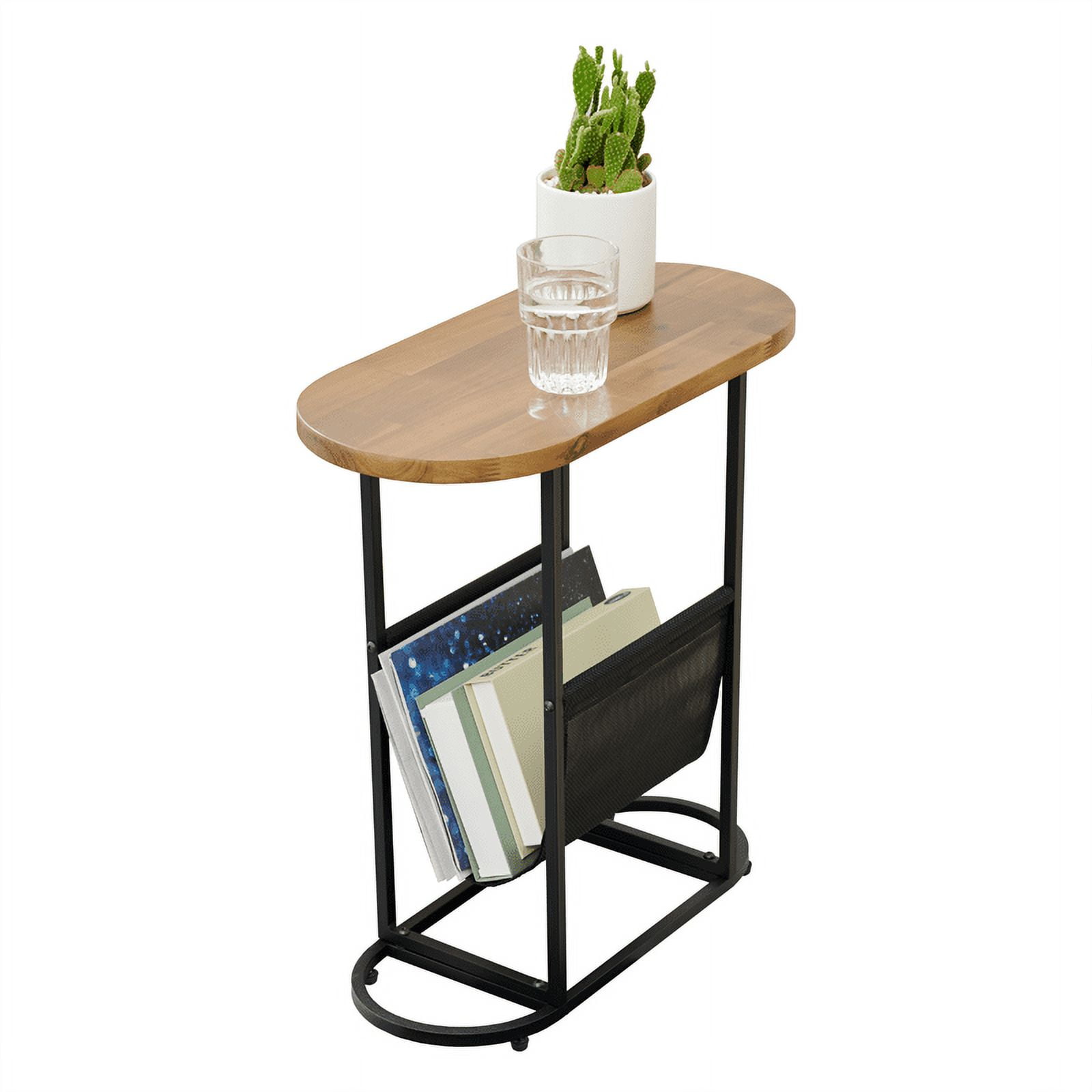 Oval Narrow Side Table, Small End Table with Magazine Rack, Slim