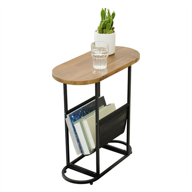 Oval Narrow Side Table, Small End Table with Magazine Rack, Slim