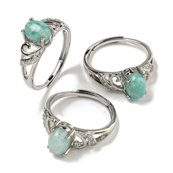 Oval Natural Amazonite Adjustable Rings Brass Clear Cubic Zirconia Ring for Women Long-Lasting Plated Lead Free & Cadmium Free Platinum Inner Diameter: 18mm