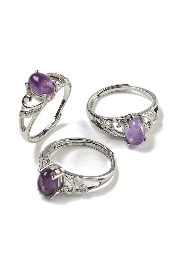 Oval Natural Amethyst Adjustable Rings Brass Clear Cubic Zirconia Ring Long-Lasting Plated Lead Free & Cadmium Free Platinum Inner Diameter 18mm