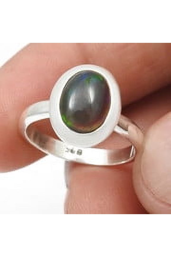 Oval Natural Black Opal Bezel Cocktail Wedding Mother Ring Solid Silver US 5.5