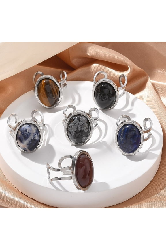 Oval Natural Gemstone Finger Rings 304 Stainless Steel Open Cuff Rings for Women Oval: 21.5x16.5mm Inner Diameter: Adjustable