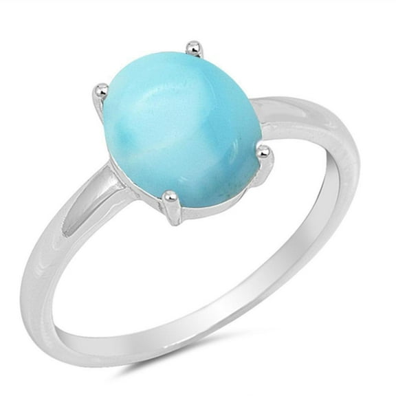 Oval Natural Larimar Simple Band Ring Sterling Silver Size 7