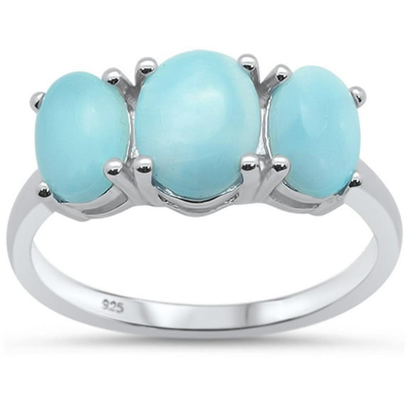 Oval Natural Larimar Three Stone Ring Sterling Silver Size 7