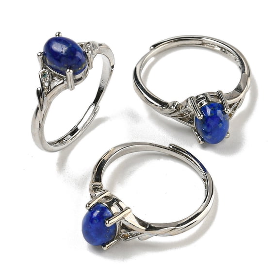 Oval Natural Lazuli Adjustable Rings Brass Clear Cubic Zirconia Ring Long-Lasting Plated Lead Free & Cadmium Free Platinum Inner Diameter 18mm