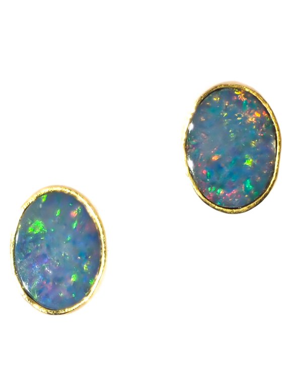 Oval Natural Opal Doublet Gold Plated 925 Sterling Silver Earrings, 3/8"